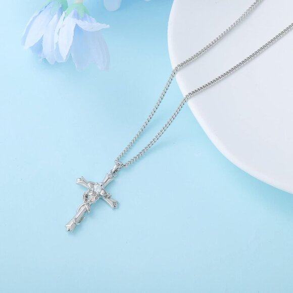 Cross Necklace for Women | Silver Faith Birthstone Cross Pendant with Birth Flow - Picture 2 of 7